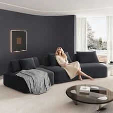 139" Modular Sectional Sofa Set w/ Removable Backrests & Soft Pillows, Dark Grey