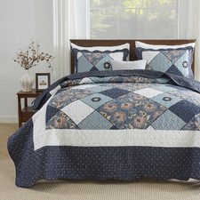 Enjohos Quilts Queen Size Navy Blue Patchwork Floral Bedspreads Lightweight