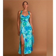 SHOW ME YOUR MUMU Small Floral Maxi Dress Slit Halter Neck Tie Back Aqua Blue