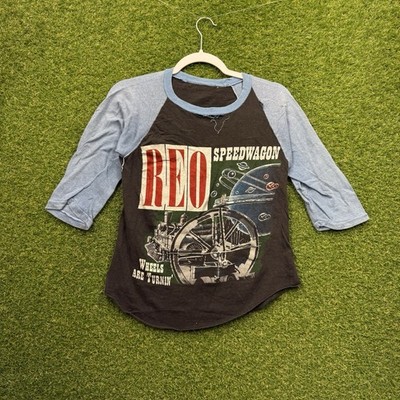 Vintage REO Speedwagon Shirt Mens Small Wheels Are Turnin' Tour 1980s Raglan 80s