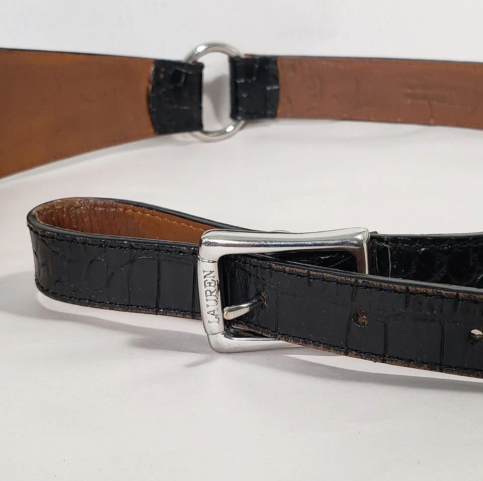 Cinturón Lauren Ralph Lauren Negro Ws Estribo Ecuestre Cuero de Cocodrilo Repujado 36"-38" Foto 4 de 4