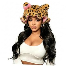 Satin Lined Sleep Bonnet for Women, Teddy Plush Hair One Size Brown Leopard