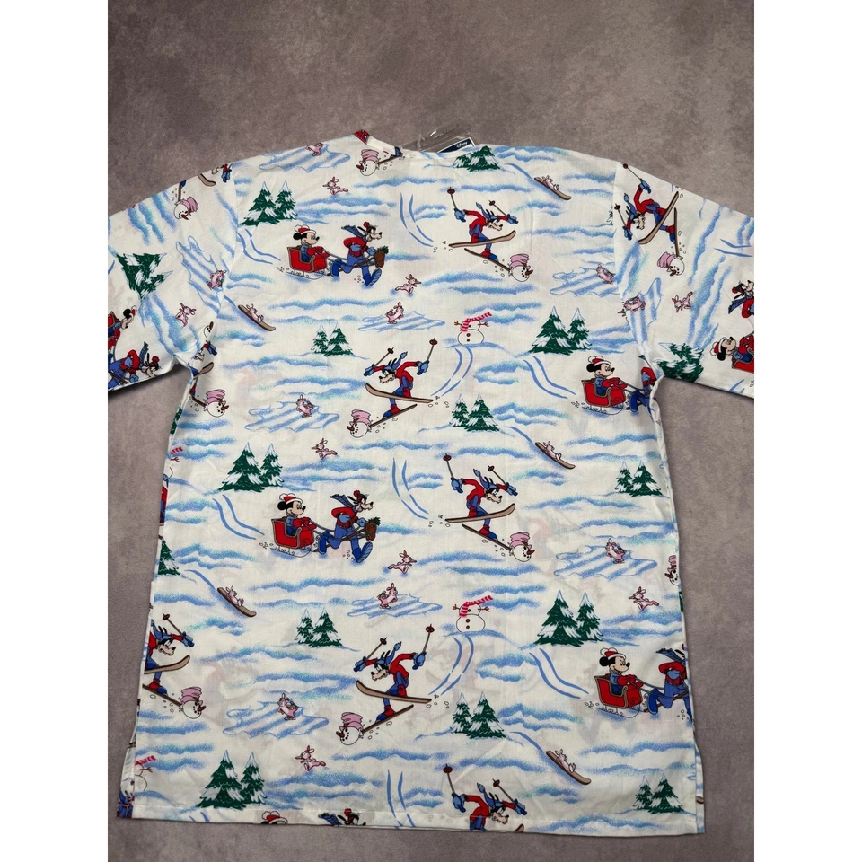 VTG Disney Snow Folly Scrub Top Womens S Mickey Goofy Ski Sleigh Ride USA Made - Image 2 of 4