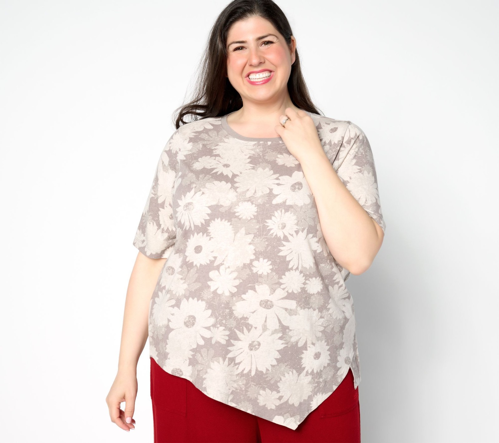 Peace Love World Women's Top Plus Sz 1X Sueded Crew Neck Elbow Gray A653316