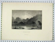 Original Old Antique Print Engraving View Lake Scene Mountains Trees Victorian