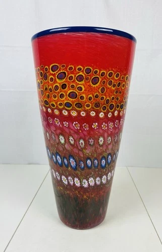 Ken & Ingrid Hanson 15.5” Red Garden Series Cylinder Milifiore Art Glass Vase