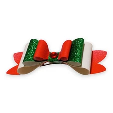 Handmade Faux Leather Hair Bow Red Green White Christmas Glitter Barrette Clip