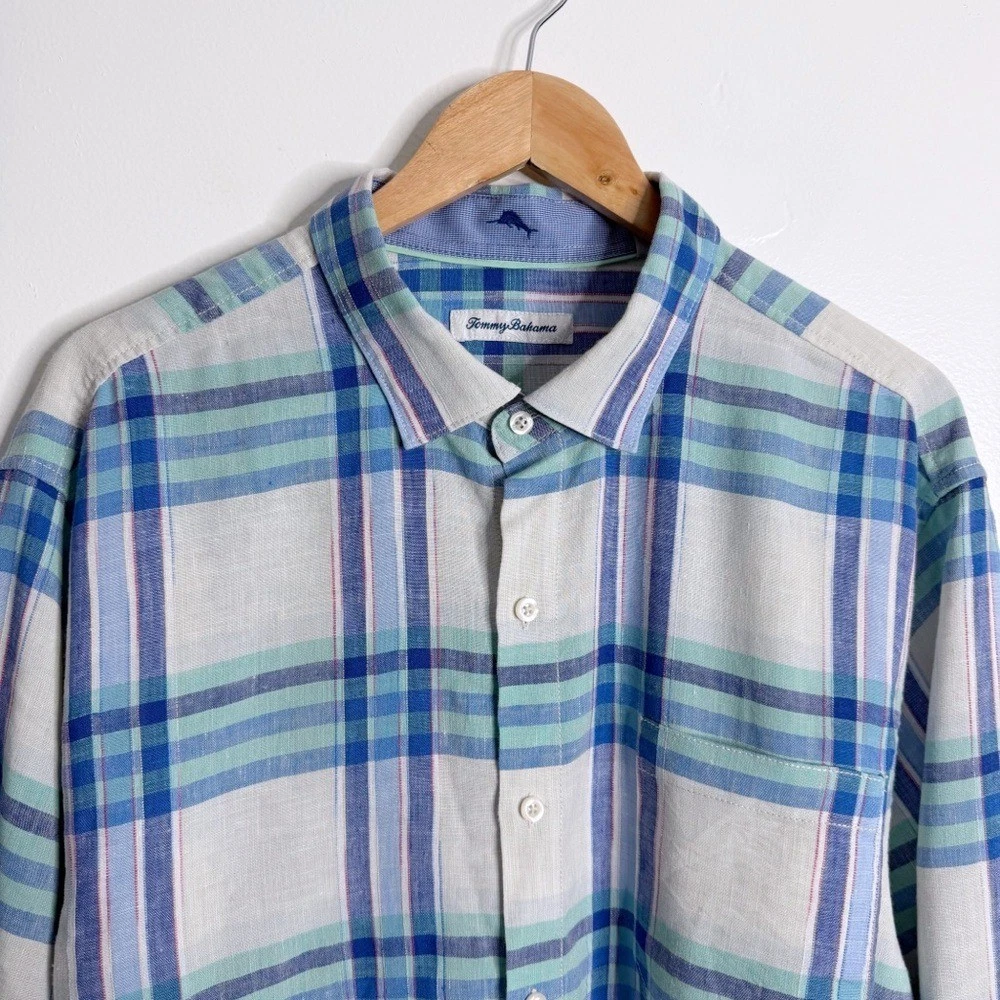 Tommy Bahama Men's Linen Blend Button Down Long Sleeve Shirt XL White Blue Plaid