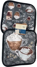 Set of 2 Different Kitchen Pot Holders (7"x7") COFFEE CUPS & TYPES ON GREY, GR