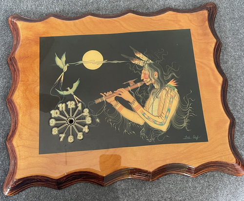 Wood Lacquered Art Plaque Native American Little Chief Wall Clock RARE Vtg 13x16 - Picture 3 of 17