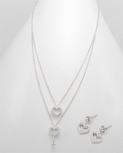 Solid Sterling Silver 2 Strands Heart Key Necklace Earrings