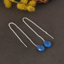Blue Chalcedony Sterling Silver Ear Threads Earrings Anniversary Gift For Wife