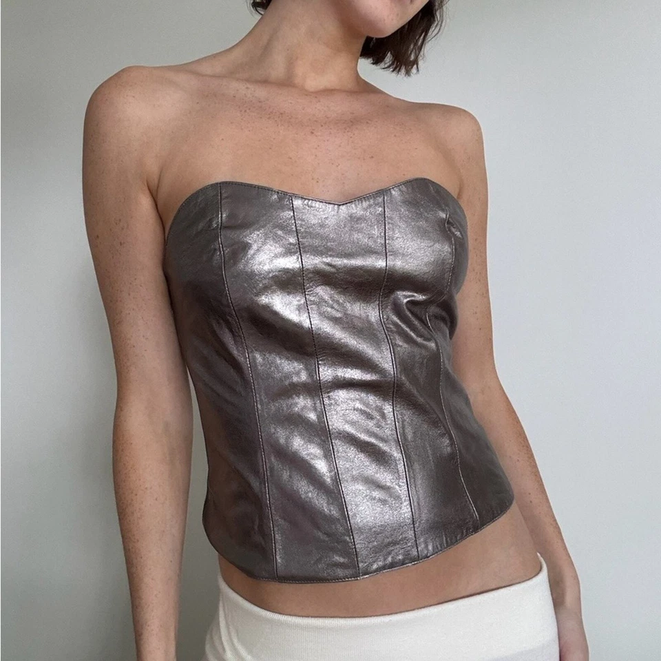 Free people x Brenda Knight Lámina Cuero Corsé Arnés Sin Tirantes Top Foto 3 de 4