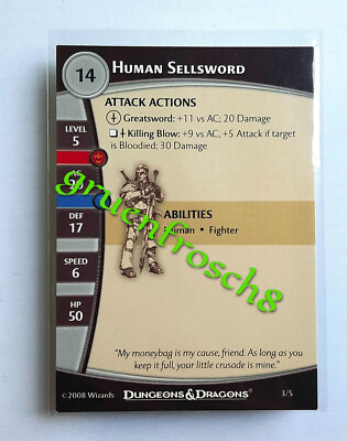  HUMAN SELLSWORD  3/5  STARTER SET 2008  D&D MINIATURES GAMES STATS CARD DDM