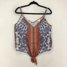 H&M Women's Cami Top Size 8 Satin Bohemian Colorful Orange V-Neck Tie Paisley