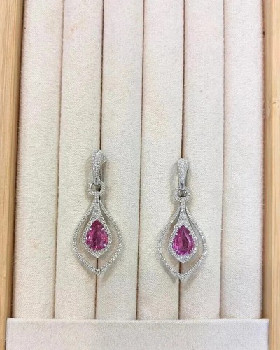 Pendiente de boda de diamantes con zafiro rosa natural pera de 5,88 quilates de oro blanco de 14 quilates - Imagen 3 de 5