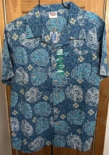 NWT Barefoot In Paradise Blue Top Leaf Cotton Comfort Fit Button Up Size L Shirt