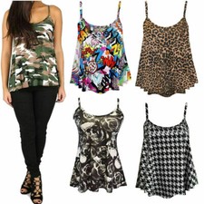 Ladies Cami Strappy Vest Top T-Shirt Leopard Tartan Print Sleeveless Casual 8-26
