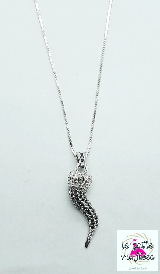 🌶Collana con Corno cornetto Portafortuna Argento 925 Zirconi Neri bombato🌶 - Immagine 3 di 4