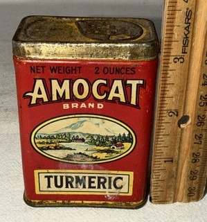 ANTIQUE AMOCAT TURMERIC SPICE TIN LITHO CAN TACOMA WA WEST COAST GROCERY STORE