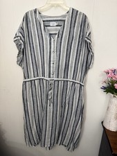 Time Tru Linen Blend Striped Dress XXL 22 Blue White Tunic Boho Beach Hippie
