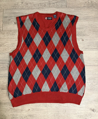 Chaps Herren Pullunder Baumwolle Strick Argyle rot blau grau V-Ausschnitt XL
