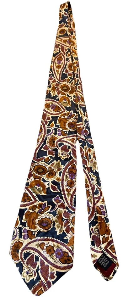 Corbata de seda XMI Nordstrom cosida a mano floral cachemira dorada beige púrpura hecha en EE. UU. 4” Foto 2 de 4