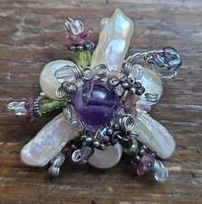 Broach Pin Pendant Wire Beaded Abalone, Purple, Green Beads Handmade
