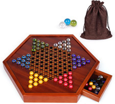 15 Inch Wooden Chinese Checkers Board Game Set with 72 Glass Marbles   Classic S