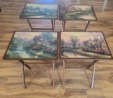 ​Vintage Thomas Kinkade Wooden TV Tray Tables Set Lot of 4 Folding Snack...