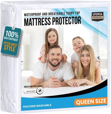 Utopia Bedding Queen Mattress Protector Waterproof 200 GSM Terry White 17'' Deep