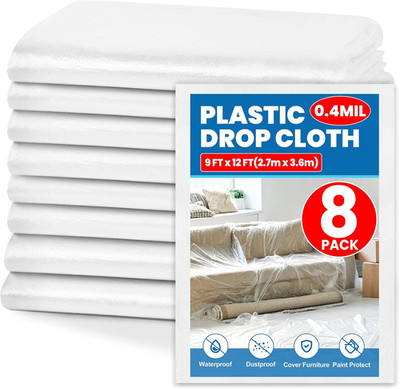 8 Pack Plastic Drop Cloth, 9 X 12 Feet Plastic Sheeting, Painter'S Sheeting & Ta
