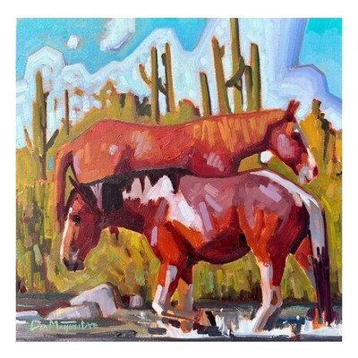 Original Painting Horses Western Cactus Desert 12x12 Signed Art