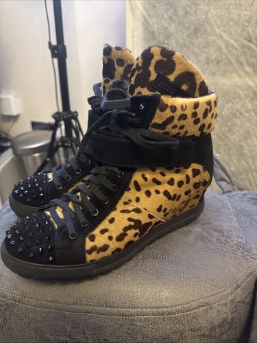 MIU MIU Calf Hair & Leather Leopard Studded High Top Trainers Size UK 6.5 EU 40 - Picture 2 of 16