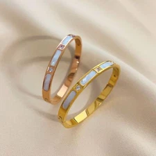Woman 18K Gold Plate Stainless Steel Mother of Pearl CZ Bangle Bracelet Cuff