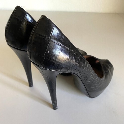Barbara Bui Platform Pump Black Peep Toe Leather Slim Heel Croc Embossed 38.5 8 - Picture 6 of 9