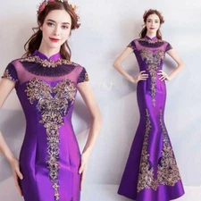 Womens Elegant Cheongsam Slim Evening party Paillette Beaded Fishtail Dresses 