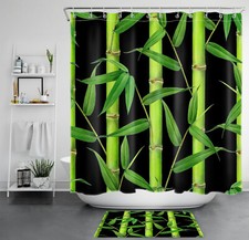 Botanical Plant Green Bamboo on Black Shower Curtain Bathroom Accessories Set