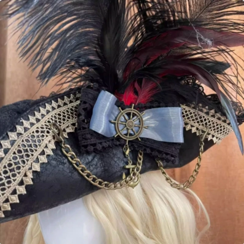 Retro Pirata Tricorne Sombrero Piratas del Caribe Utilería Mujeres Disfraz Juegos con disfraces Foto 3 de 4