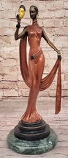 Handcrafted Detailed Runaway Model Holding Mask by J.Erte Bronze Sculpture