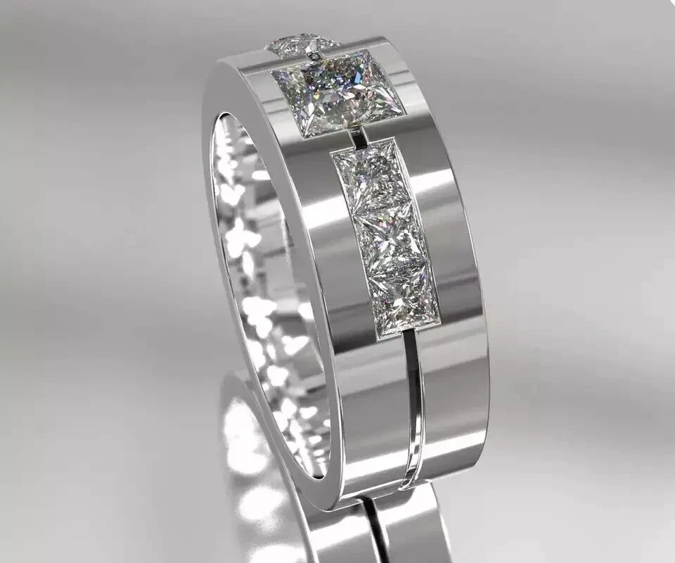 Anillo de compromiso de diamantes simulados de corte princesa de 2 quilates de oro blanco de 14 quilates para hombre Foto 3 de 4