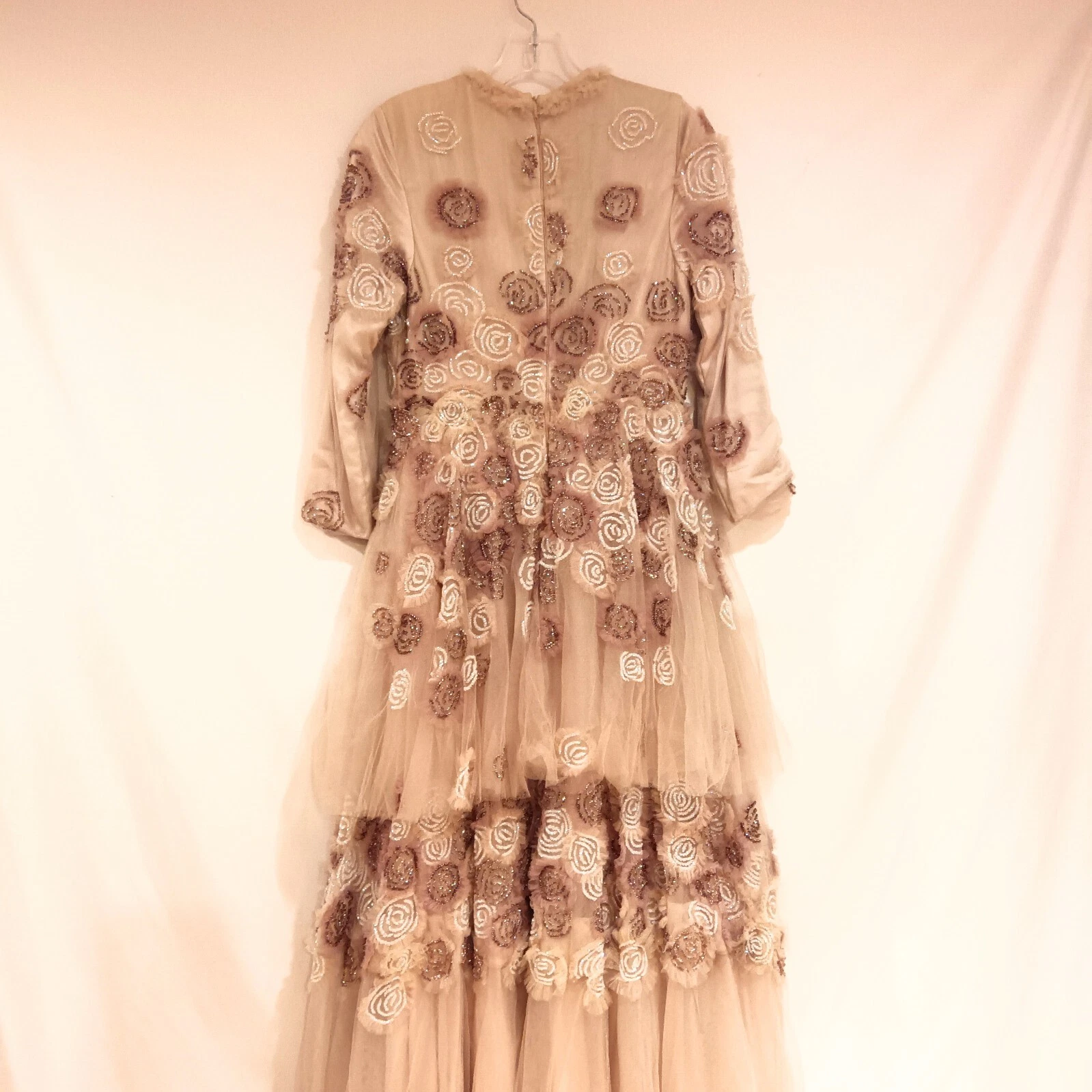 CELINE Abito da sposa beige floreale classico A Line maxi maniche lunghe a strati