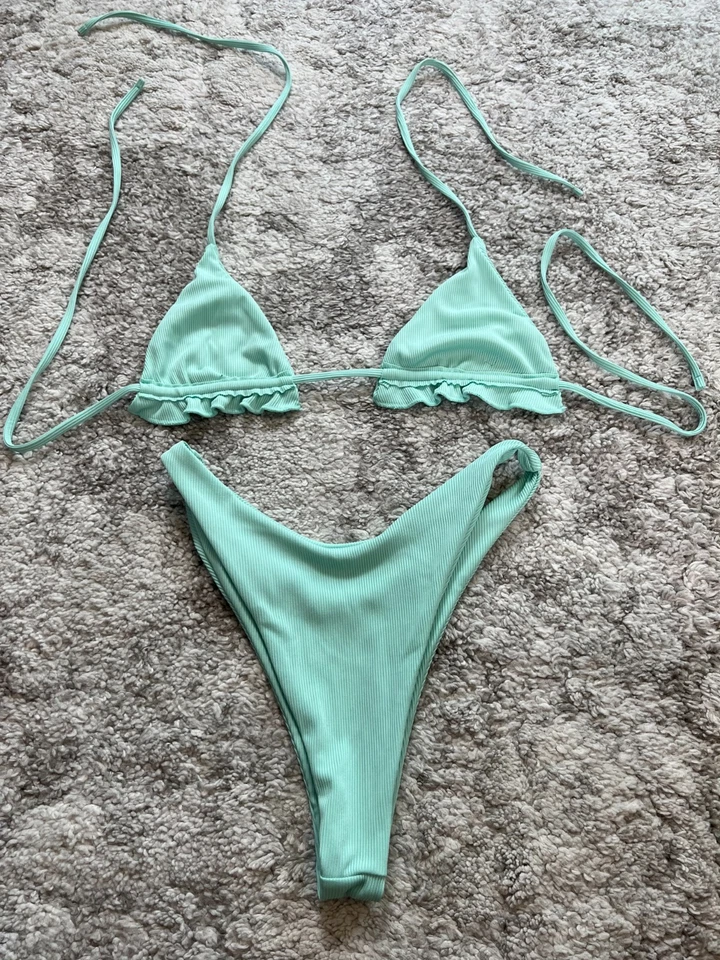 Traje de baño bikini de dos piezas con volantes para mujer talla 26 verde azulado claro elástico autocorbata Foto 2 de 4