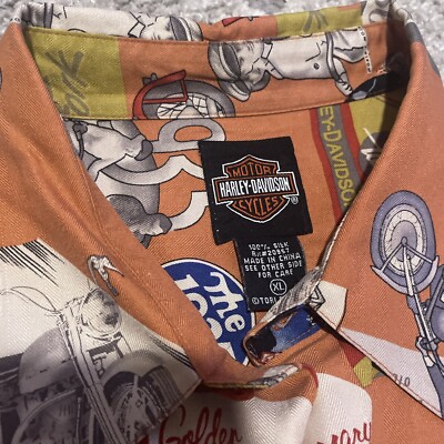 Harley Davidson Shirt Tori Richard Silk Hawaiian Motorcycle Orange
