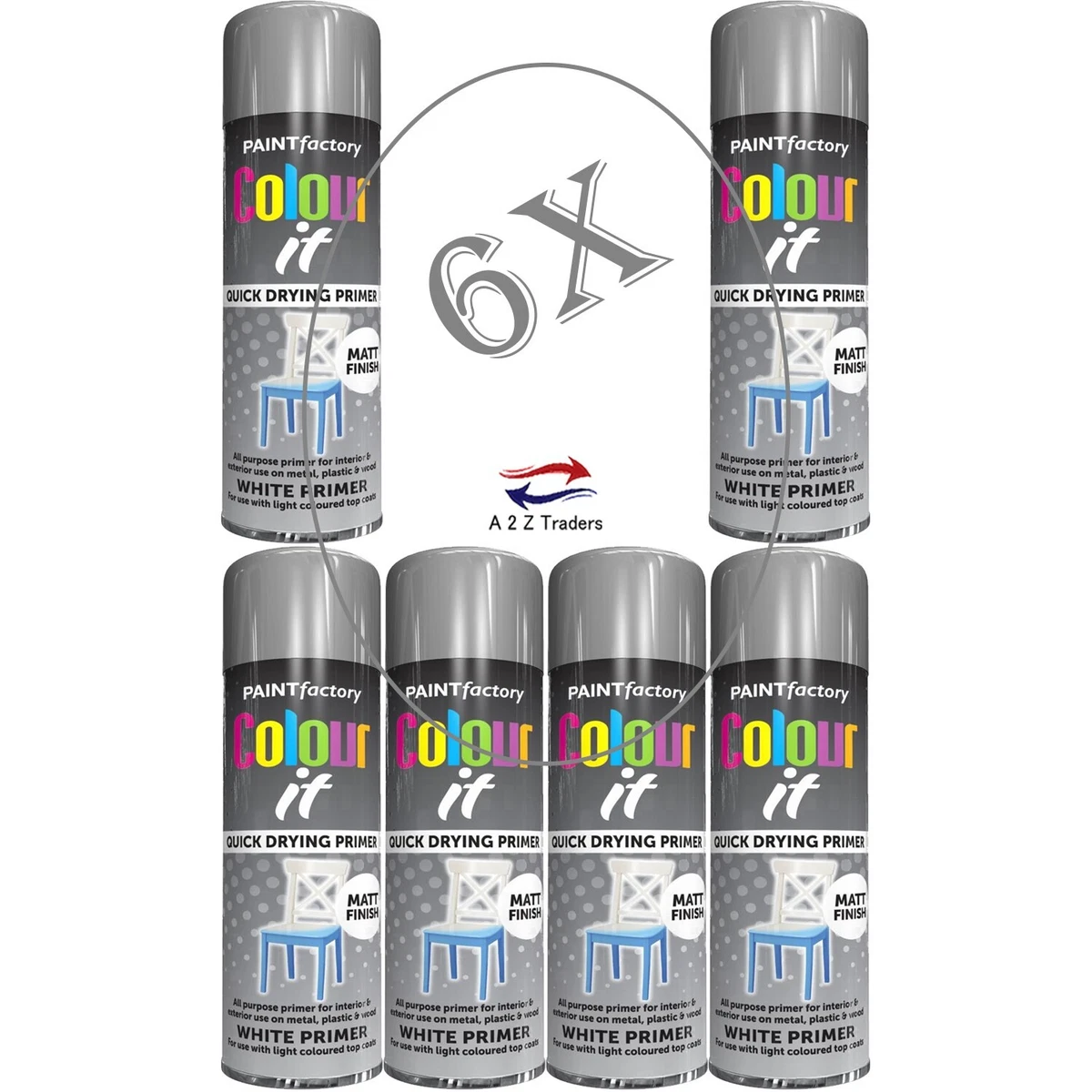 6x Spray Paint For Metal Wood Plastic Undercoat White Primer Matt Finish 250ml