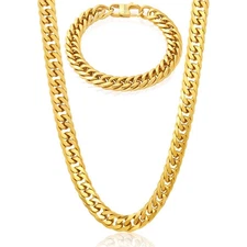 Invicta Jewelry Men's Double Curb Chain Gold Bracelet and Necklace Set