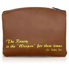 Brown Genuine Leather Rosary Pouch Cross Imprint Padre Pio Quote Catholic