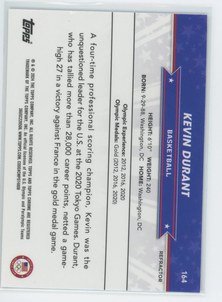 2024 Topps Chrome Olympic Refractor Kevin Durant #164 - Image 2 of 2