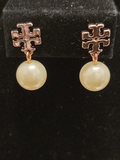 Tory Burch Logo Rose Gold Round White Pearl Drop Earrings Classic
