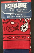 BANDANAS 2 Ct Red/White/Blue Patterns  22x22 100% Cotton Mission Ridge